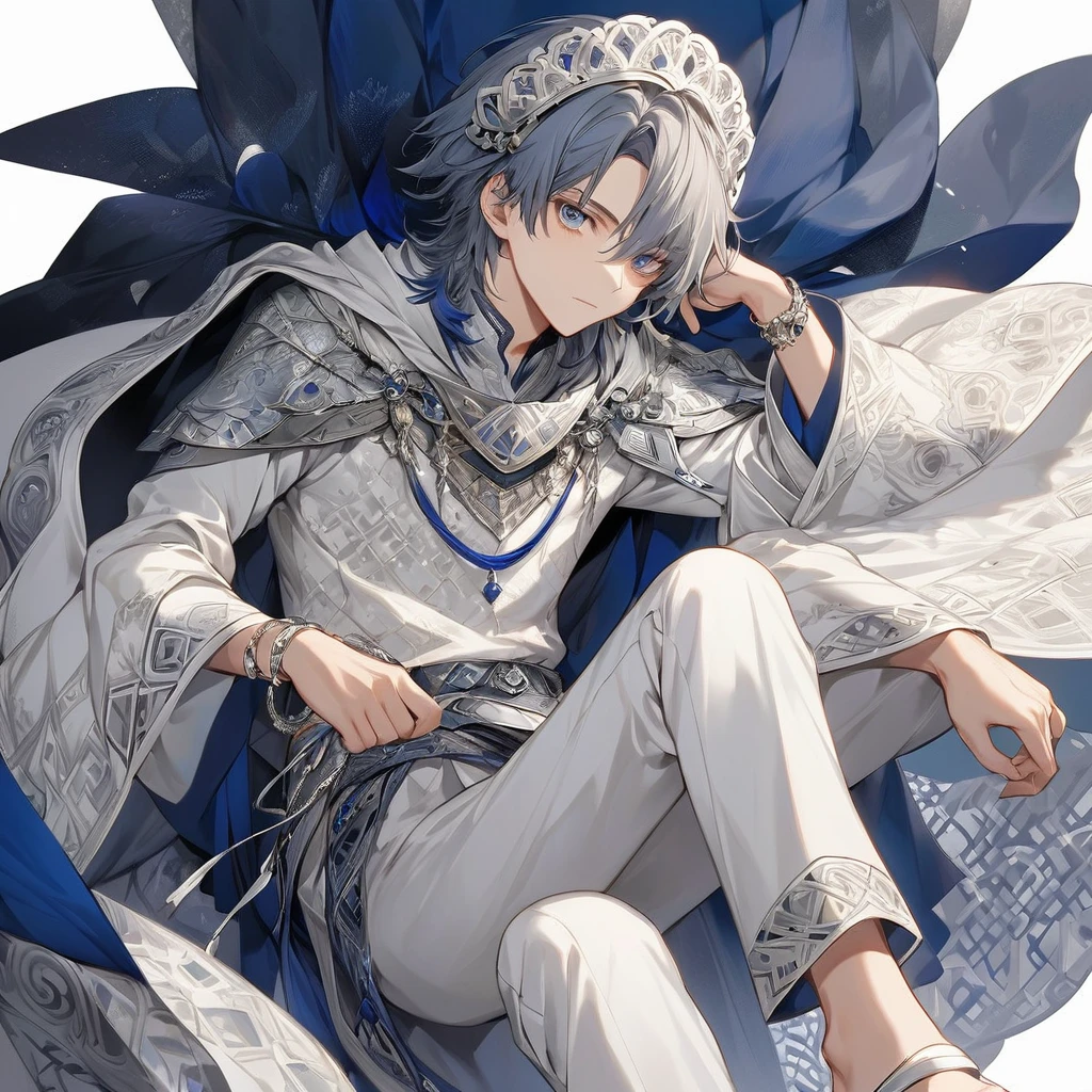 A boy appears to be a fair-skinned boy with silver and brue hair styled in medium-length hair. He has brue eyes and wears a large brue headdress on one side of his head, which is also framed by uneven bangs. His attire consists of a white dress adorned with brue and silver details, loose sleeves of patterned brue fabric, and a silver bracelet on her right wrist. His dress is embellished with various brue gems and decorated with intricate silver patterns. Underneath, she wears white trousers. On his back, he wears a split pale brue cloak and white sandals surrounded by silver that expose his toes.