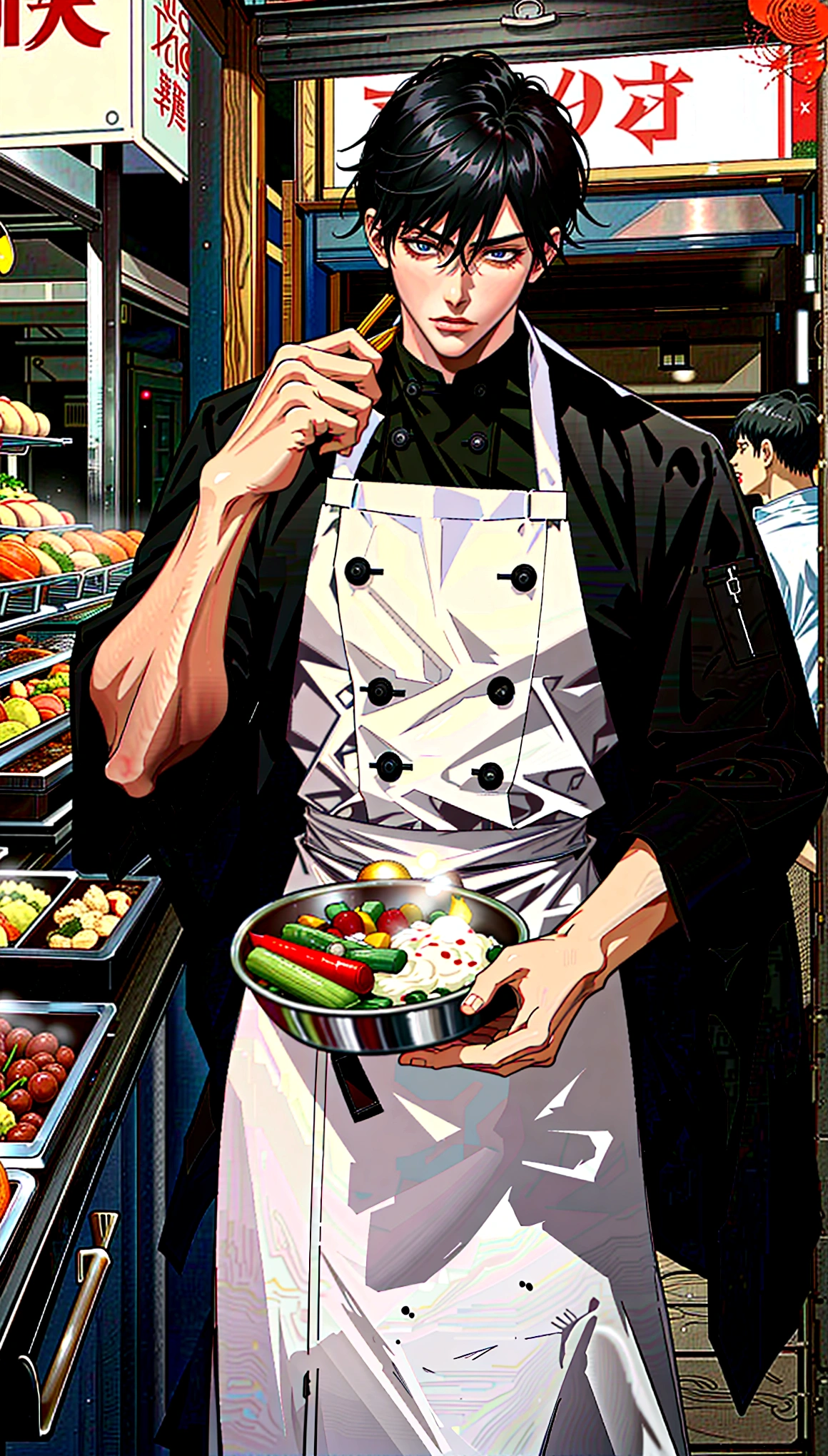 A handsome young man with black hair, dressed in a professional chef's outfit, is standing at a bustling street food stall. He is focused and skillfully preparing a delicious dish, with various cooking utensils and ingredients around him. The background features a vibrant market scene with other food stalls, colorful signs, and a crowd of people eagerly waiting for their food, emphasizing his dedication and expertise in the culinary arts.