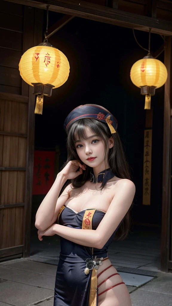 (Highest quality, 8K, masterpiece:1.2), Reality:1.4, One girl,alone, Black Hair, Beautiful breasts, Small beautiful butt, Slender body, Small and slender figure, Underbust, Have, Light_smile, (Ofuda), (China dress), Arms crossed, whole body, Outdoor, Hanging lanterns, night, Higashi Setuna, ((Detailed eyes and face:1.2, Professional photography techniques)), ((Baby-faced beautiful girl:1.2, Cute face))