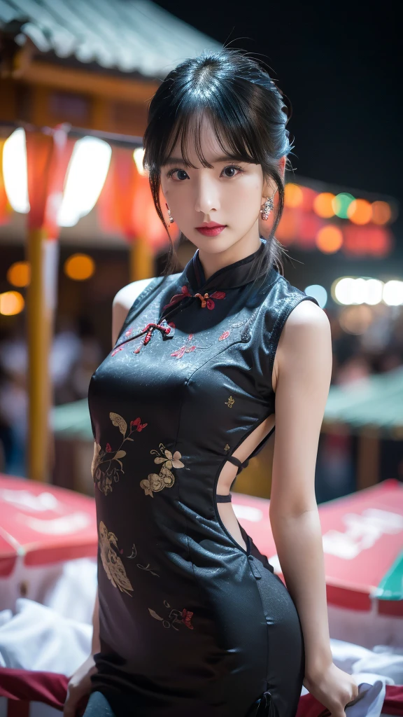 sexy cheongsam, SMALL BREAST, legs, behind, sexy pose, model pose, earring, taiwan night market, windy, hair flying, night, extremely detailed eyes, extremely detailed face, best quality, extremely detailed, one person, one girl, ultra-detailed, (realistic, photo-realistic:1.3)