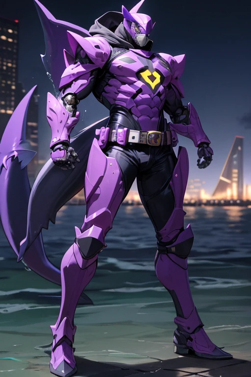 ((best quality)), ((masterpiece)), (detailed), 1 male, full body, 25 years old, masked, purple mask, smooth head, mask covering his mouth, 1 shark fin on his head, diving mask, angry expression, black collar, tall and strong, very athletic, shark fins, grey details, mechanical shark head, shark-like hood, purple fingerless gloves, purple wristbands, water shooters, shooting water from his wrists, purple nanotech suit resembling light armor, purple chest with an emblem, green fly emblem on his chest, green emblem, purple pants, shark tail, blue knee pads, metallic purple boots, black superhero belt, standing on a pier by the sea, night city background, anime
