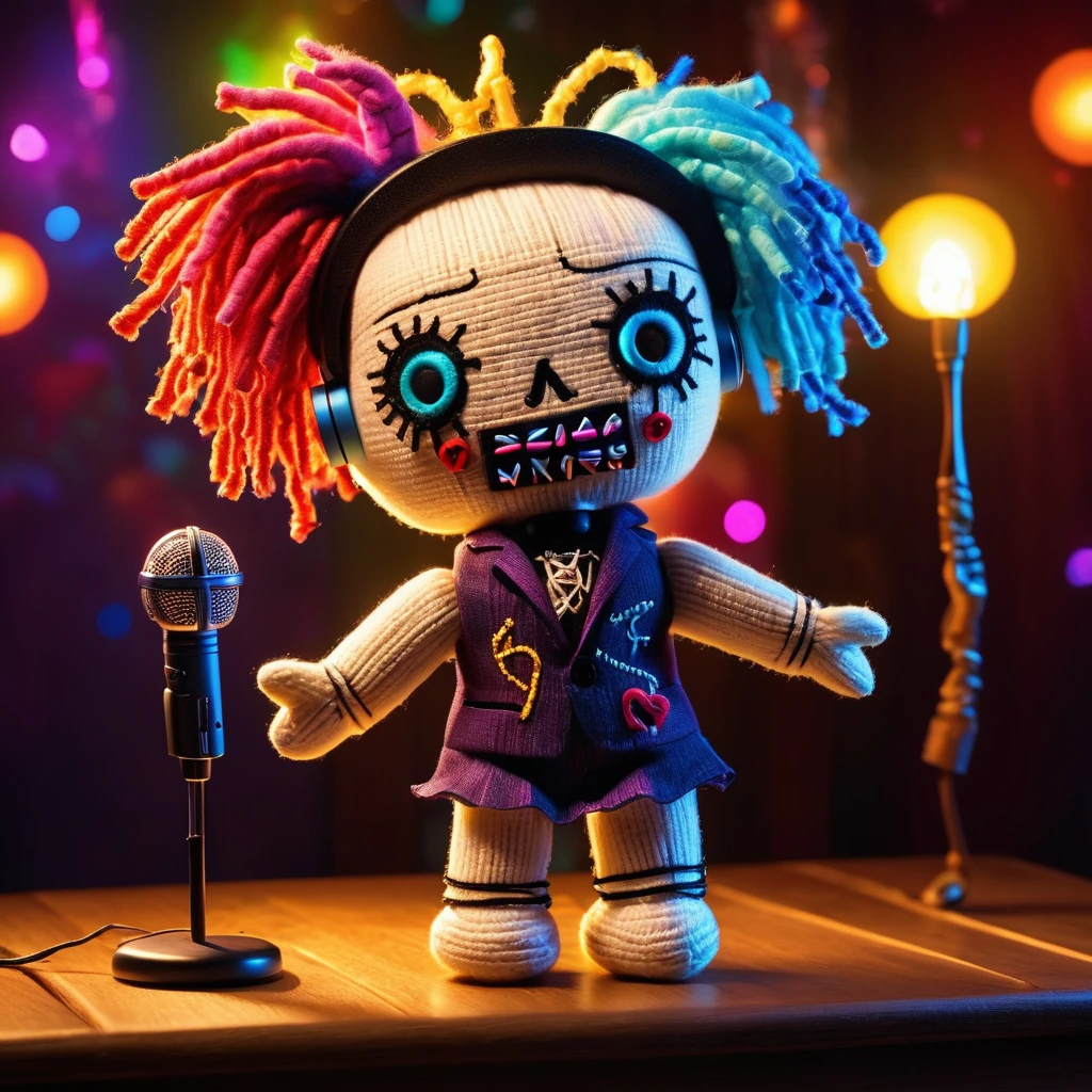 (knitted toy voodoo doll:1.5), (Voodoo in Open Air Concert:1.3), (Clothing: festival attire:1.0), (Accessories: music program, glow stick:1.1), (background: lively open-air concert with floating notes, glowing stage lights, and dancing crowd:1.2), best quality, masterpiece, detailed soft oil painting, detailed background, dramatic cinematic lighting, soft edge lighting, professional, dramatic lighting, hard edge lighting, ultra quality, 4k, masterpiece, best quality, 8k, ultra high definition, high resolution, extremely detailed