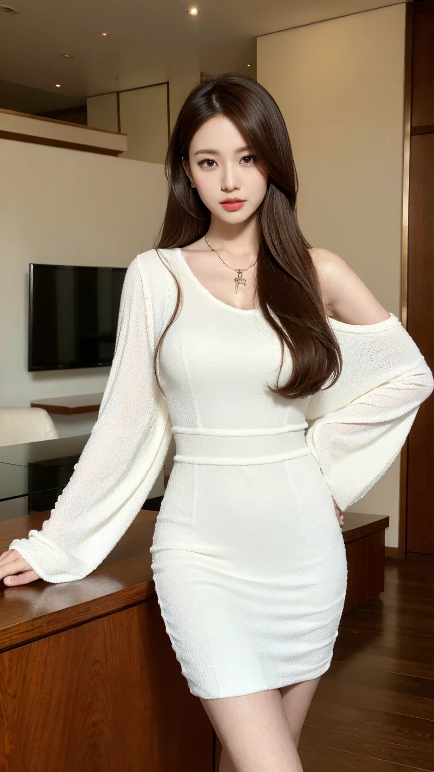 Anime style, Masterpiece, high prompt strength, High Definition, high resonance, clean, high contrast, detailed enviroment, ultra detailed 8k, High Resolution, high resonance, auntjune, , long dress, wearing necklace, , beautiful face, in the apartment, charming, cheerful, loose hair, warm feeling, great composition, photorealistic, detail clothes, perfect proportions, perfect body, elegant, natural light, detail design, Interior design, detail background, pose,Big ,Sexy,Dynamic poses,cowboy_shot,