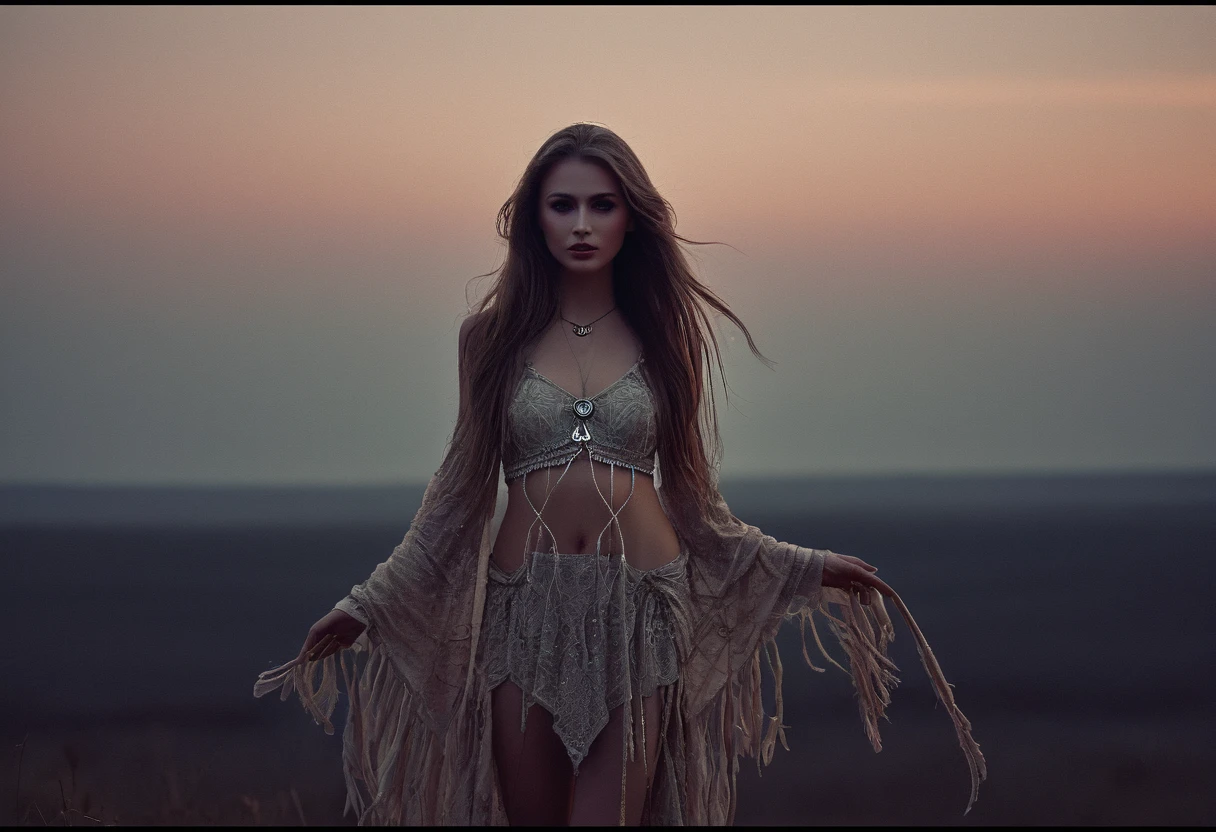 RAW photo, photorealistic, film grain, pale skin, evil slavic woman, long dark blond hair, eye catchlights, atmospheric lighting, imperfections, natural, epiCRealism, art by mooncryptowow .A mesmerizing mystic-style photo of a oneiromancer standing amidst the fading twilight, her attire shimmering like crystallized dreams. The enchanting figure holds a staff with a dream catcher dangling from it, weaving a spellbinding scene that captivates the viewer. Her flowing garments emit an ethereal aura, glistening with otherworldly magic. The background features soft earthy tones, with a hint of dusk's fading light. The graphic novel style showcases flat outlines and bold ink lines, creating a captivating and dreamlike atmosphere., boudoir erotic... stylish. photoshoot. hyper-detailed hypermaximalist dynamic style. Erotic photography. Boudoir. Glamour style.... great lighting