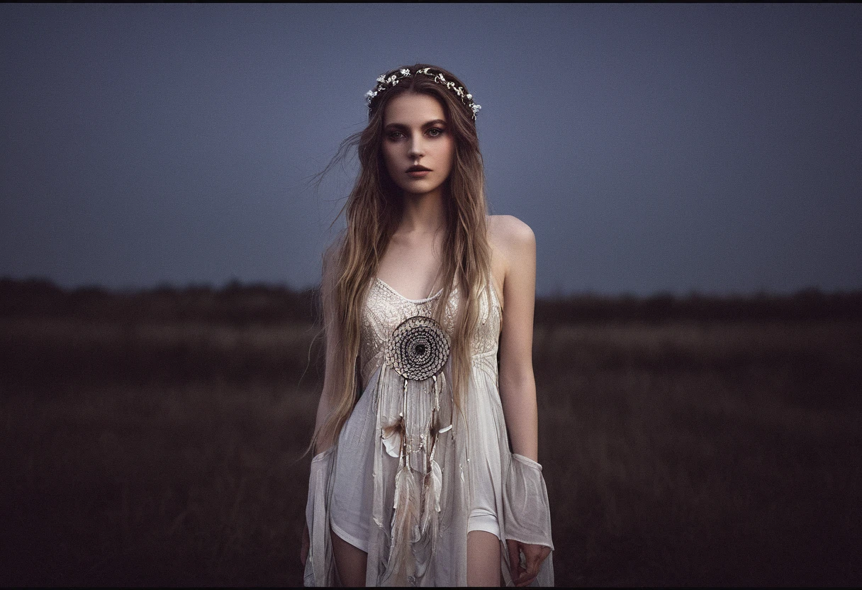 RAW photo, photorealistic, film grain, pale skin, evil slavic woman, long dark blond hair, eye catchlights, atmospheric lighting, imperfections, natural, epiCRealism, art by mooncryptowow .A mesmerizing mystic-style photo of a oneiromancer standing amidst the fading twilight, her attire shimmering like crystallized dreams. The enchanting figure holds a staff with a dream catcher dangling from it, weaving a spellbinding scene that captivates the viewer. Her flowing garments emit an ethereal aura, glistening with otherworldly magic. The background features soft earthy tones, with a hint of dusk's fading light. The graphic novel style showcases flat outlines and bold ink lines, creating a captivating and dreamlike atmosphere., boudoir erotic... stylish. photoshoot. hyper-detailed hypermaximalist dynamic style. Erotic photography. Boudoir. Glamour style.... great lighting