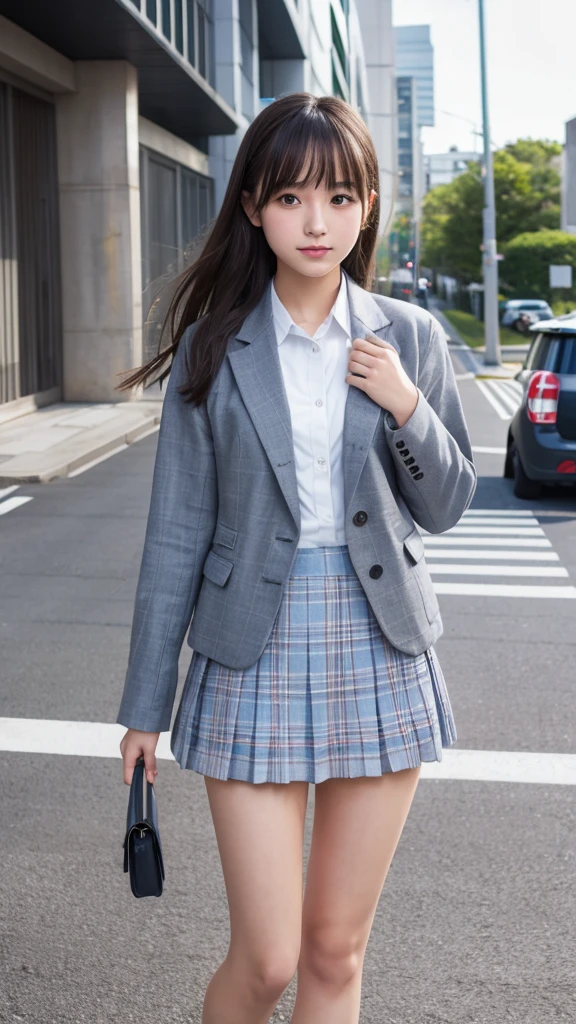 Japanese、18-year-old high school girl、Gray blazer uniform、Light blue checkered mini skirt、whole body、