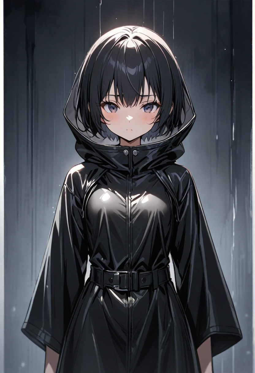 Very thin, very tall girl, 1 girl, (((front view))), in the frame from the waist, black very short hair, small breasts, in a long black leather raincoat,