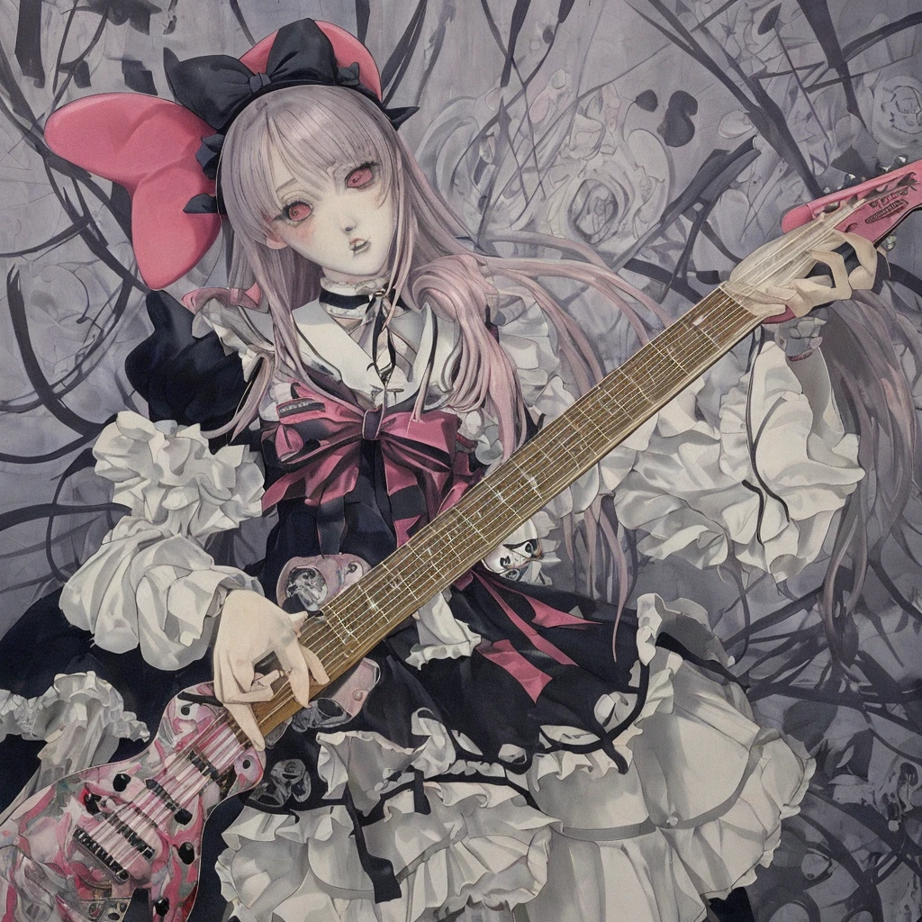 avant-garde painting,Gothic Clothing,hans bellmer, Ball jointed doll,beautiful lolita girl,wearing sailor suit,electric guitar,1990s Japanese fashion anime illustration