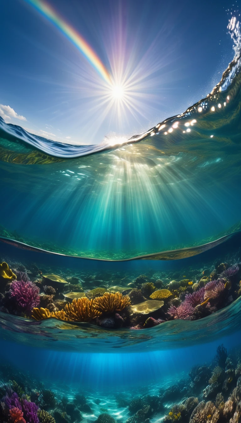 Shaft of sunlight penetrating the surface of the sea, Illuminate the world hidden below, Create captivating underwater scenes. Vertical panorama, Ultra-wide angle view. Ultra-high resolution, masterpiece, Award-winning photo, Vast landscape photography , (A view from below, with the sky above and the wide fields below), (masterpiece:1.2), (Highest quality), 4K, Super detailed, (Dynamic configuration:1.4), Very detailed, Colorful details,( Rainbow colors:1.2), (Shining Lights, Atmospheric lighting), dream-like, Magic, (alone:1.2)