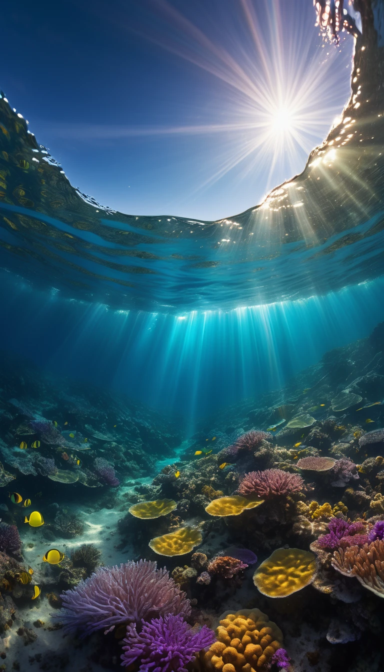 Shaft of sunlight penetrating the surface of the sea, Illuminate the world hidden below, Create captivating underwater scenes. Vertical panorama, Ultra-wide angle view. Ultra-high resolution, masterpiece, Award-winning photo, Vast landscape photography , (A view from below, with the sky above and the wide fields below), (masterpiece:1.2), (Highest quality), 4K, Super detailed, (Dynamic configuration:1.4), Very detailed, Colorful details,( Rainbow colors:1.2), (Shining Lights, Atmospheric lighting), dream-like, Magic, (alone:1.2)