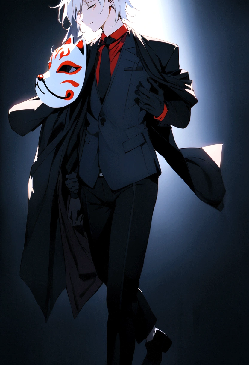 Carry a jacket on one&#39;s shoulders、White Hair、Cat ear、Black fox mask、suit、Red Shirt、Black jacket、Black vest、Black trousers、Navy blue tie、Offer your hand、Jacket draped over shoulders、White background