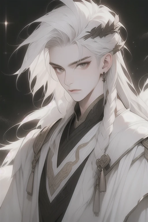 Close-up of a man with white hair and white feathers，A white-haired god，Gurwitz-style artwork，white hair like clouds，Beautiful character painting，Black bib，White eyes，Glittering clothes，Chinese style