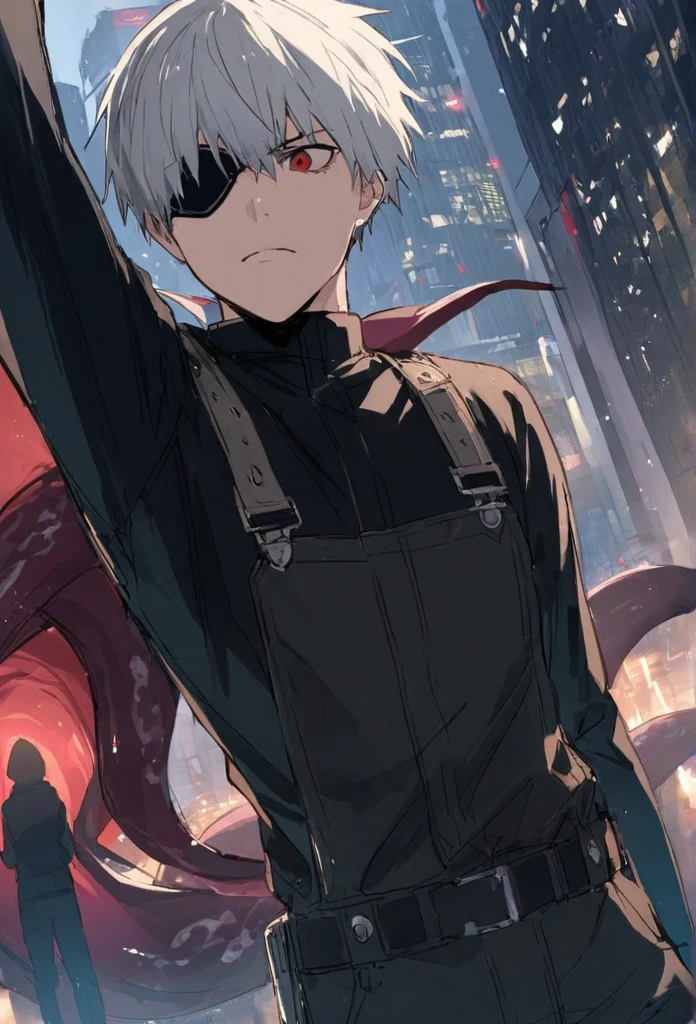 ```
ken kaneki, Tokyo Ghoul, white hair, black outfit, eyepatch, half-ghoul, serious expression, red kakugan eye, kagune tentacles, detailed face, high quality、Overall view、Uplifting、Cold-like sensation、Acrobatic、disaster々Aura、disaster々Cool atmosphere、Black Air、Overall view、Twilight、Get lost in the crowds、nightの道、Shining cityscape、sketch
```