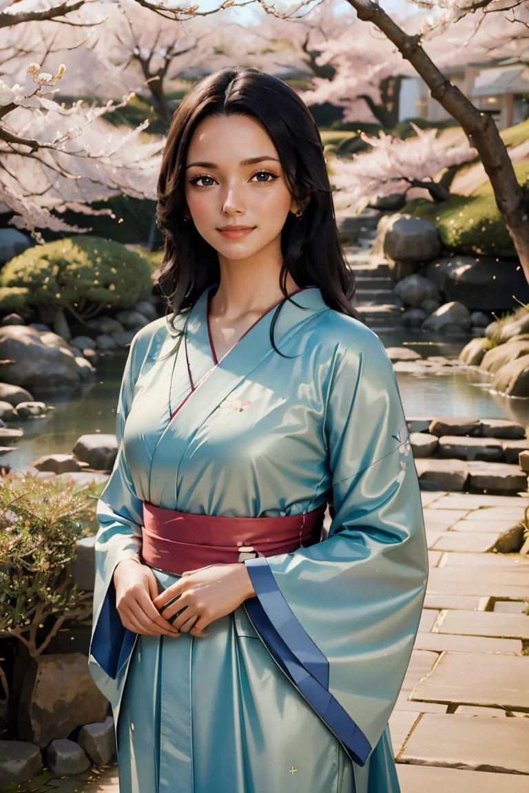 ((Best quality)), ((masterpiece)), ((realistic)), Girl with flawless beauty standing in a serene Japanese garden with cherry blossoms on eye level, scenic, masterpiece, (highres), original, extremely detailed 8K , (photorealistic:1.4),flawless face, perfect eyes,symmetrica body shape,smile, 