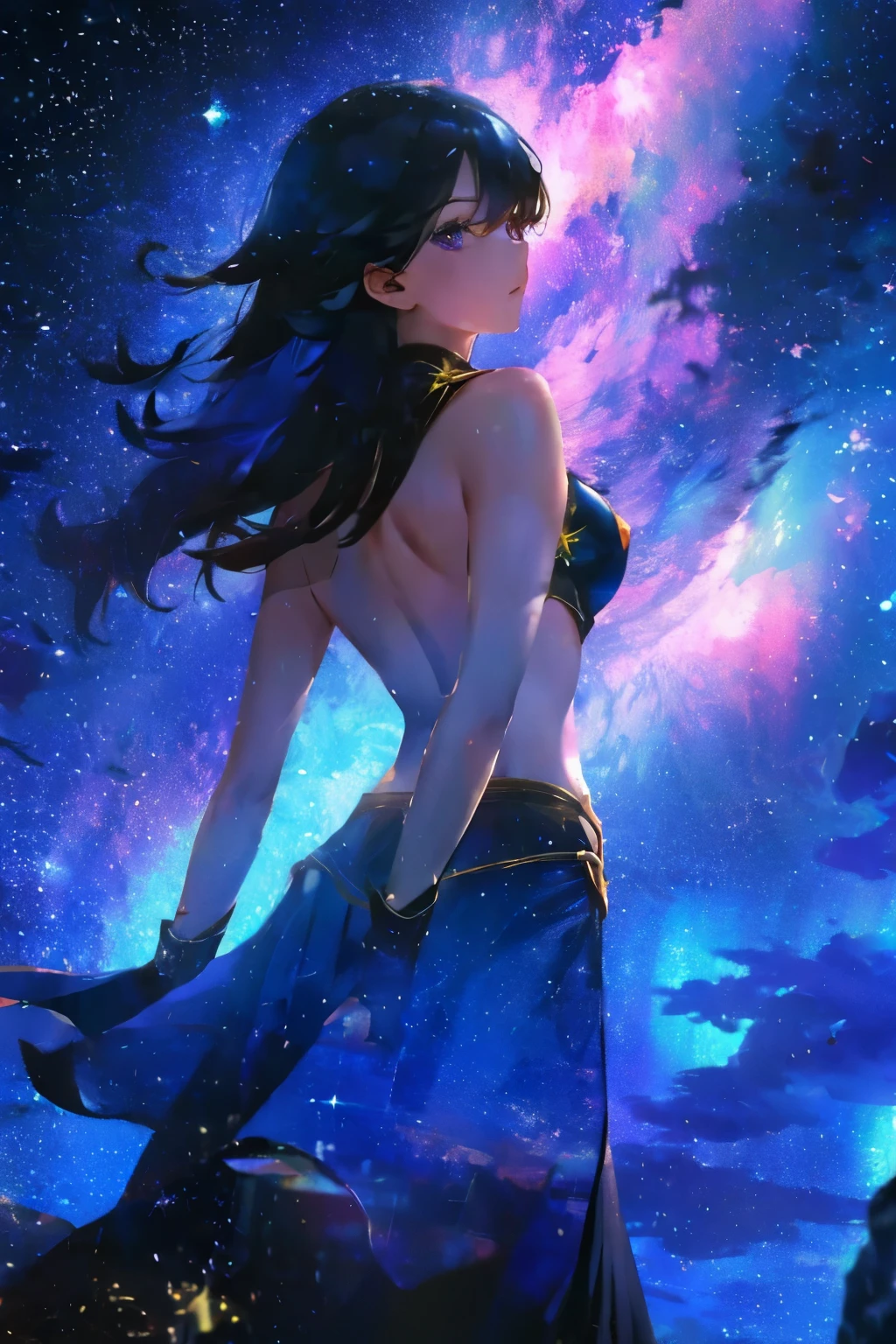 1 person、A fighting girl gazing at the stars（Zoom out：1.1）、（Meteors：1.2）、（comet：1.1）、yourname、Low angle、From the back、Alolan Volaris Shooting Star、uniform、Cherry tree、The highest quality in the industry、masterpiece、cloud、colorful、Starry Sky、performer、Fantasy
