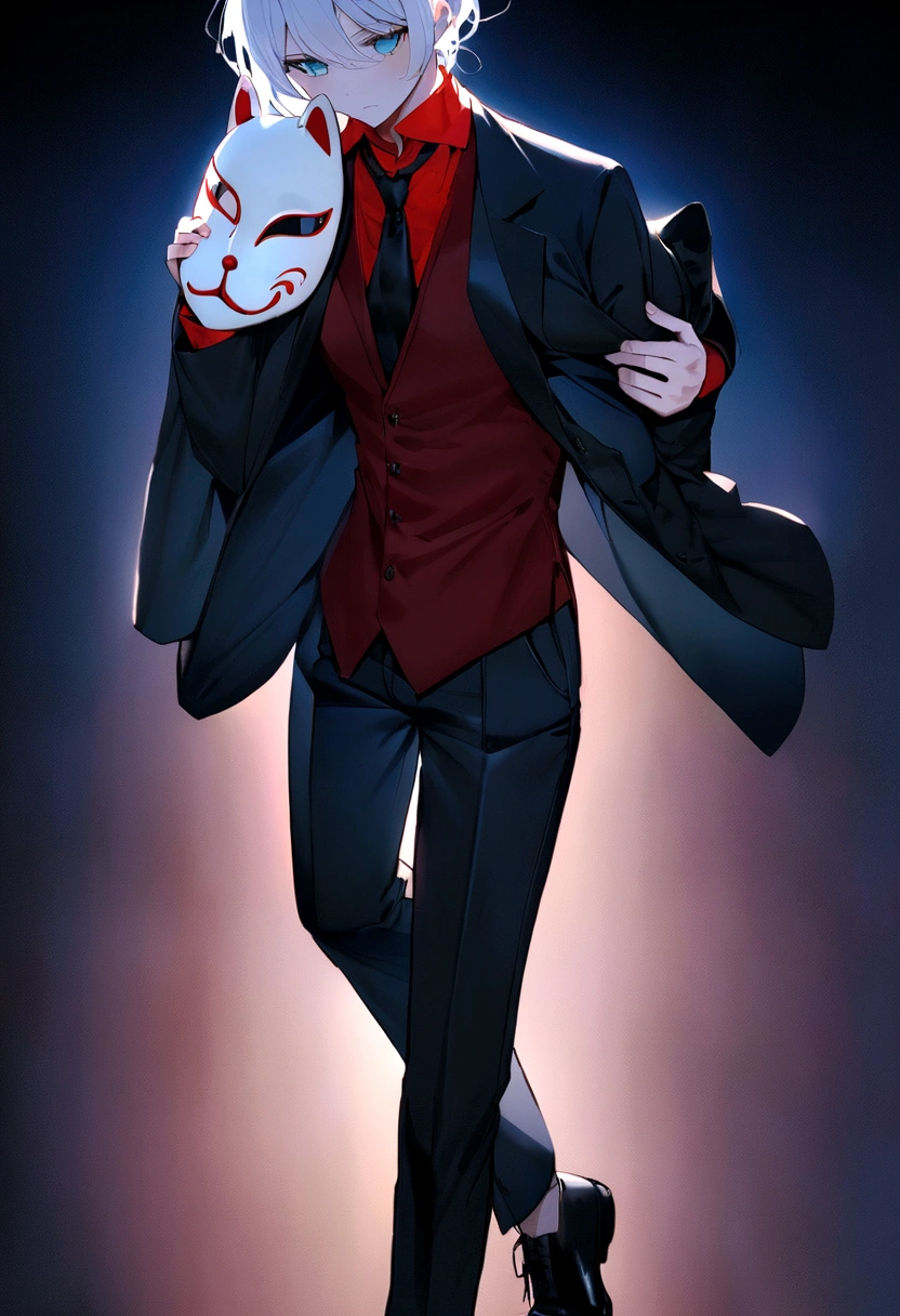 Carry a jacket on one's shoulders、White Hair、Cat ear、Black fox mask、suit、Red Shirt、Black jacket、Black vest、Black trousers、Navy blue tie、Offer your hand、Jacket draped over shoulders