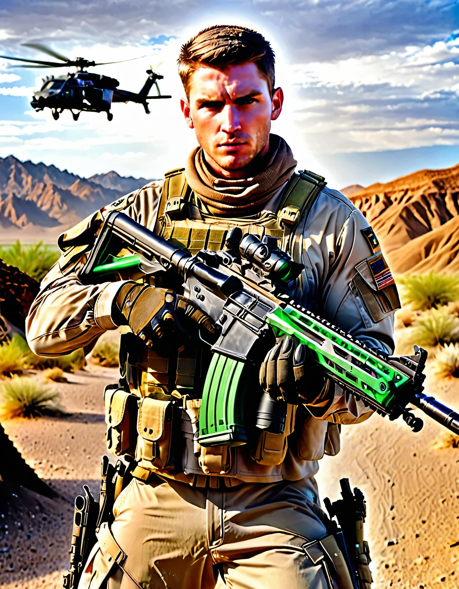 (masterpiece), (best quality), highres, 1man, male focus, solo, solo focus. brown hair, short hair, crew cut, blue eyes, long sleeves. us soldier, desert uniform, (helmet), gloves, gun, handgun, holding gun, holding weapon, holster, holstered weapon, green load bearing vest, pistol, thigh holster, (gunmetal black rifle, assault rifle). trigger discipline, weapon. desert backdrop, daytime, blackhawk helicopter, gritty atmosphere.