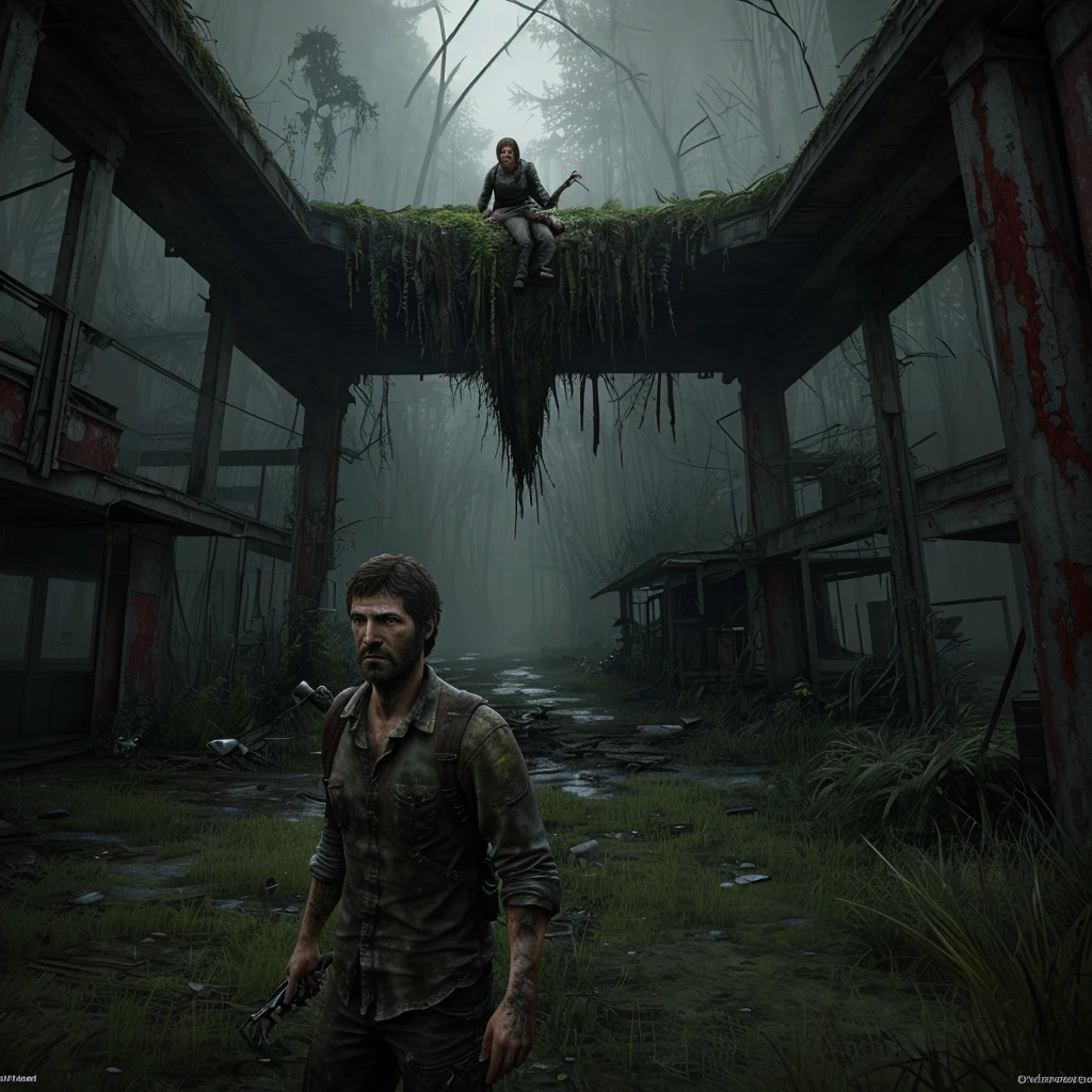 Элли из The last of us part 2 с окрававленым мачетом, a bow weighs on his shoulder, Blood splatters on his face. It is located in an abandoned store that is already overgrown with grass and moss., slight haze and corpses emphasize the gloomy atmosphere.
