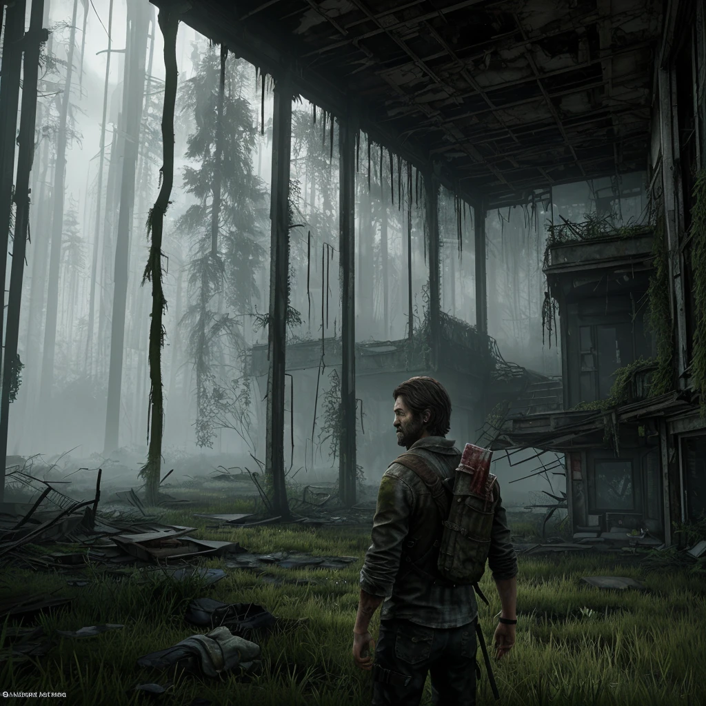 Элли из The last of us part 2 с окрававленым мачетом, a bow weighs on his shoulder, Blood splatters on his face. It is located in an abandoned store that is already overgrown with grass and moss., slight haze and corpses emphasize the gloomy atmosphere. 