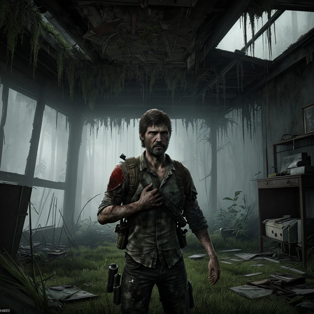Элли из The last of us part 2 с окрававленым мачетом, a bow weighs on his shoulder, Blood splatters on his face. It is located in an abandoned store that is already overgrown with grass and moss., slight haze and corpses emphasize the gloomy atmosphere.
