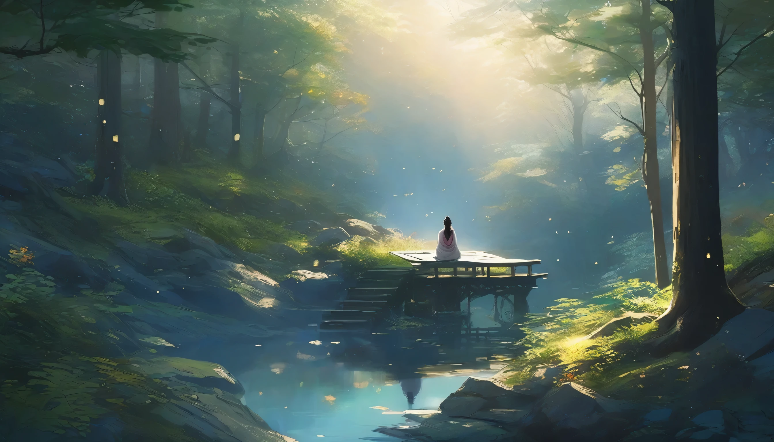 masterpiece, Highest quality,Deep in the forest、背の高い暗いWood material々wood々But the quiet night view that forms a natural canopy。In the foreground、Young woman with long blonde hair but sleeping peacefully on a white mattress。、The mattress blends into the forest floor。She is wearing a loose white off-the-shoulder blouse and black pants..、Lie on your side with your hands clasped gently next to your face。The soft and mysterious light of countless fireflies and butterflies flitting around her illuminates the scene.。.、Cast a magical light on your environment.。Wood material々Dark blue sky and scattered stars々but、、Enhances the fantastic atmosphere.。The overall atmosphere is calm and dreamy..。