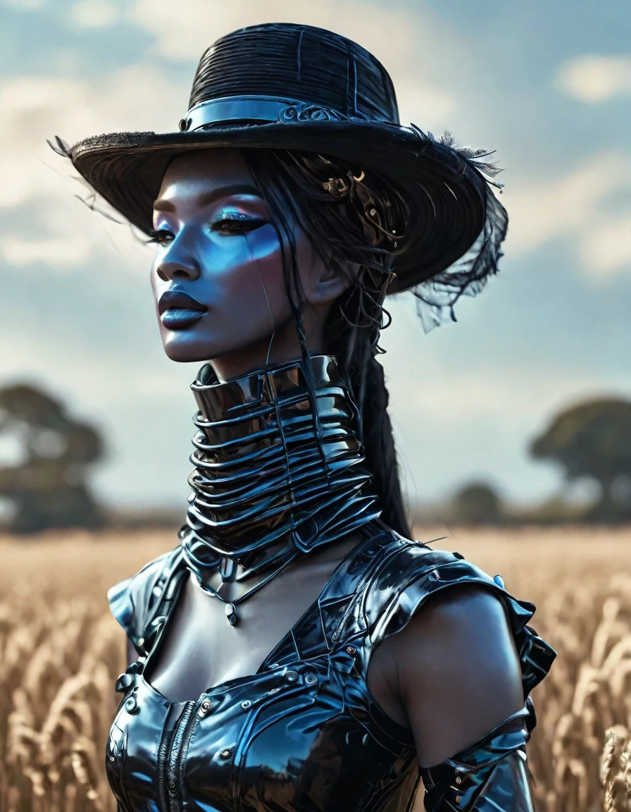 A human singer with a blue face wearing a melanistic black horsehair hat. Full view of the black horsehair hat in the field of view. Facing front, close up of face, high resolution, sharp focus, (ultra detailed, highly detailed) Highly detailed CG Unity 8k wallpaper), ((vibrant colors, vibrant theme))), (intricate), (masterpiece), (best quality), art photography, (photo by sldr), (intricate background), perfectly rendered face, perfect facial details, realistic face, photorealistic, ((intricate details)), ((realism))), full body, wide field of view