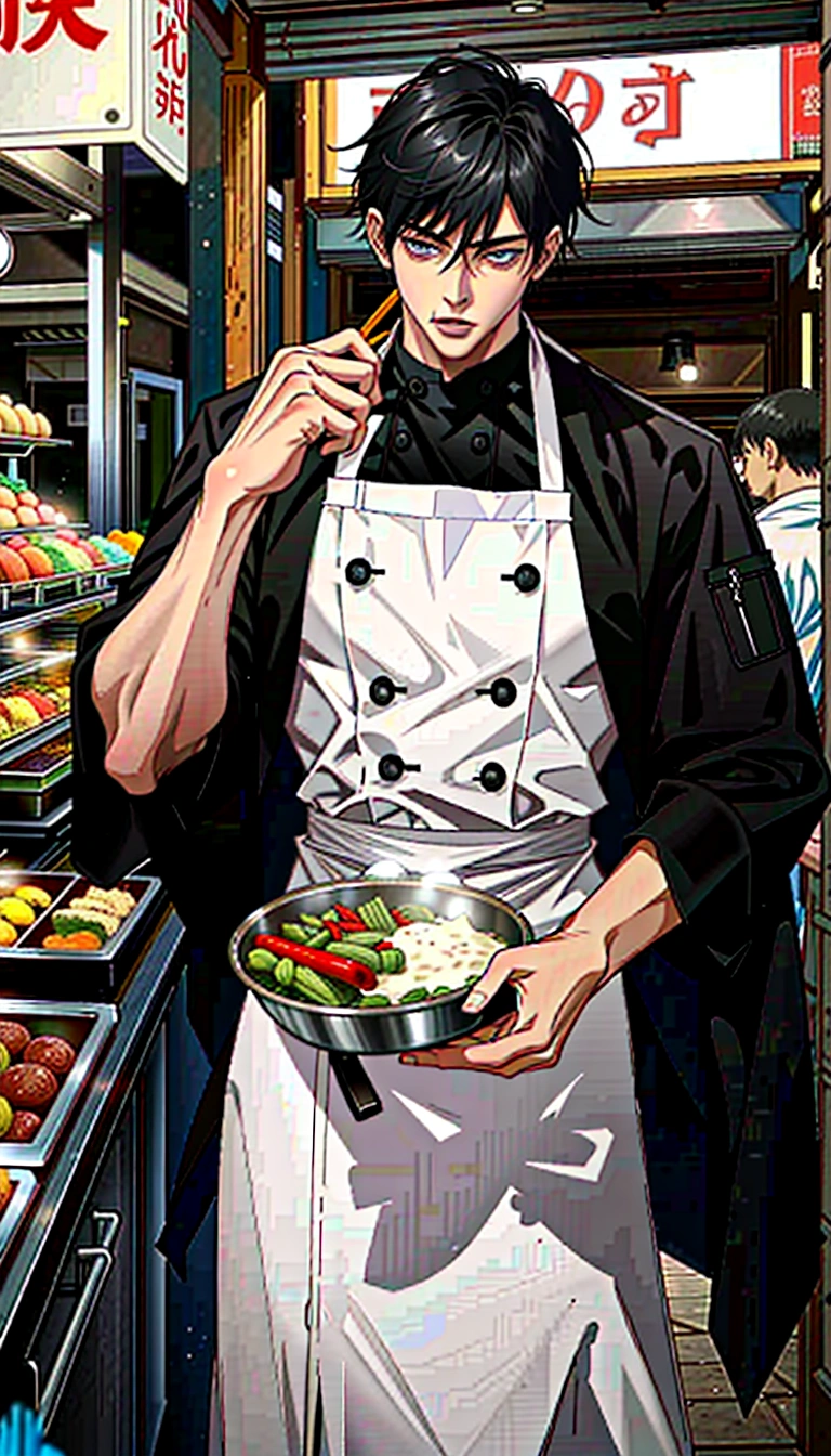 A handsome young man with black hair, dressed in a professional chef's outfit, is standing at a bustling street food stall. He is focused and skillfully preparing a delicious dish, with various cooking utensils and ingredients around him. The background features a vibrant market scene with other food stalls, colorful signs, and a crowd of people eagerly waiting for their food, emphasizing his dedication and expertise in the culinary arts.
