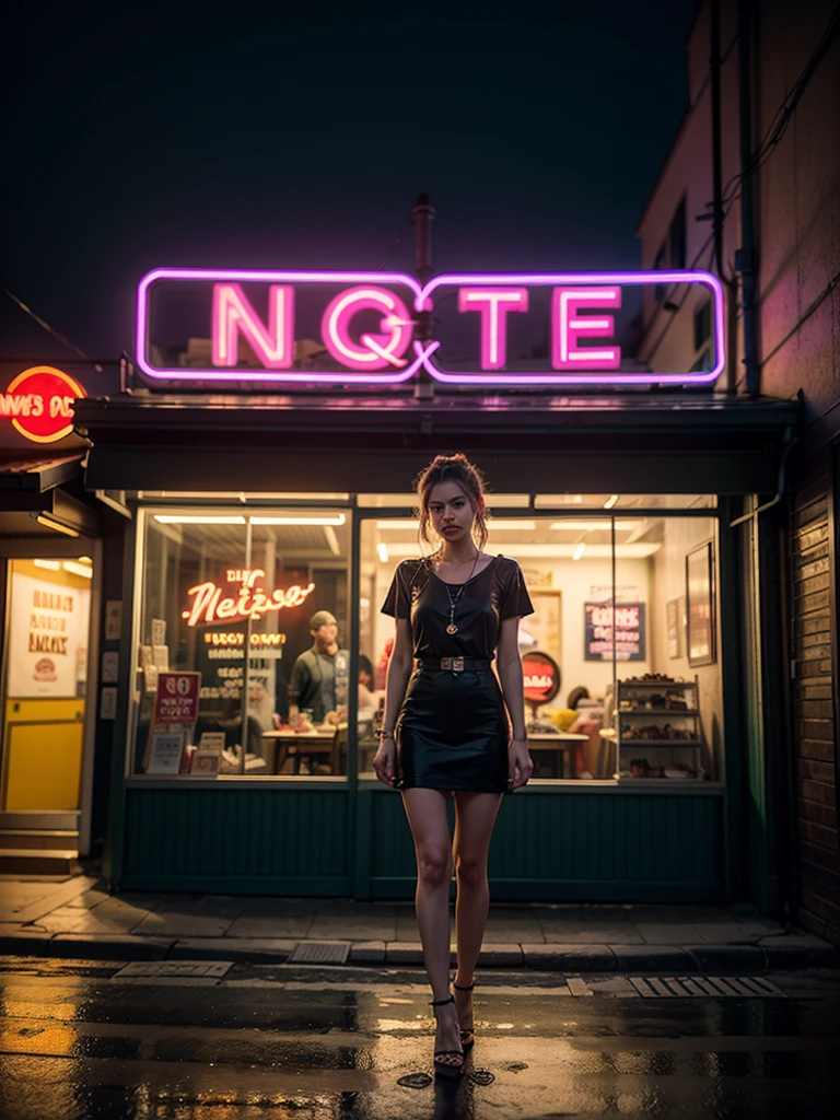 ((masterpiece, highest quality, best image quality, High resolution, realistic, Raw photo, 8K)), Rough motel with cars parked in front々nice view, with neon sign, A woman waiting for customers in front of a motel, lure, short dress and high heels, National Route 66, neon sign, 1 9 5 0 S Americana Tourism, some have neon sign, Outside neon, neon advertising, gigantic neon sign, Neon Shop, At Ernie Swekel, few neon sign, neon sign in background,