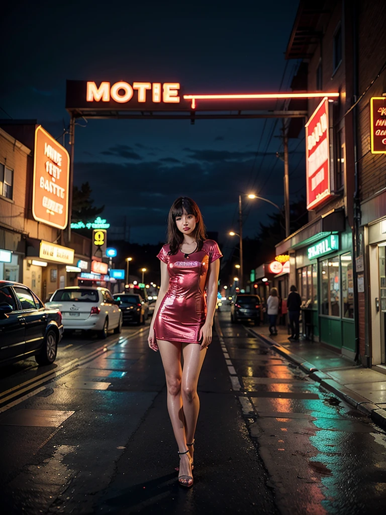 ((masterpiece, highest quality, best image quality, High resolution, realistic, Raw photo, 8K)), Rough motel with cars parked in front々nice view, with neon sign, A woman waiting for customers in front of a motel, lure, short dress and high heels, National Route 66, neon sign, 1 9 5 0 S Americana Tourism, some have neon sign, Outside neon, neon advertising, gigantic neon sign, Neon Shop, At Ernie Swekel, few neon sign, neon sign in background,