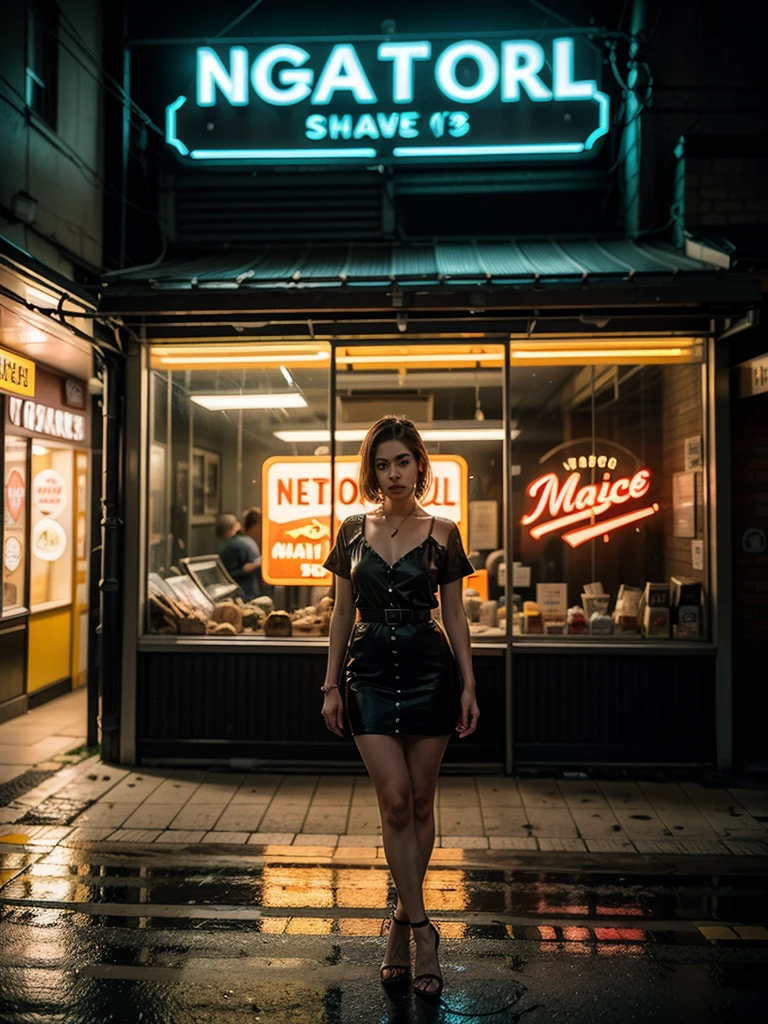 ((masterpiece, highest quality, best image quality, High resolution, realistic, Raw photo, 8K)), Rough motel with cars parked in front々nice view, with neon sign, A woman waiting for customers in front of a motel, lure, short dress and high heels, National Route 66, neon sign, 1 9 5 0 S Americana Tourism, some have neon sign, Outside neon, neon advertising, gigantic neon sign, Neon Shop, At Ernie Swekel, few neon sign, neon sign in background,