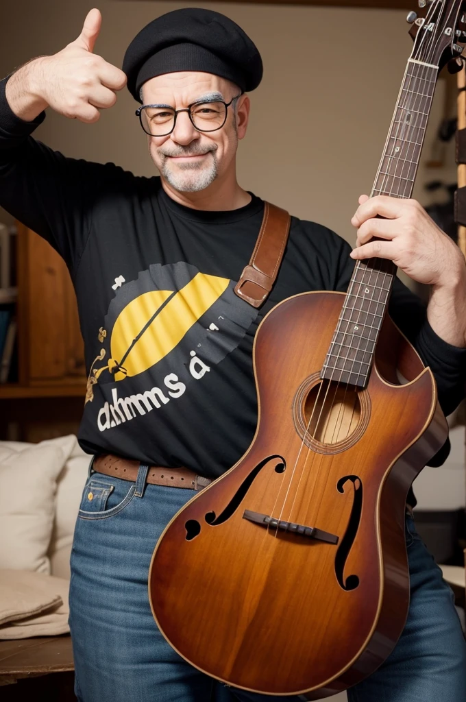 generate an image of Homer Simpson giving a thumbs up with a short beard, beret and glasses, with black shirt written Diego Feldmann luthier