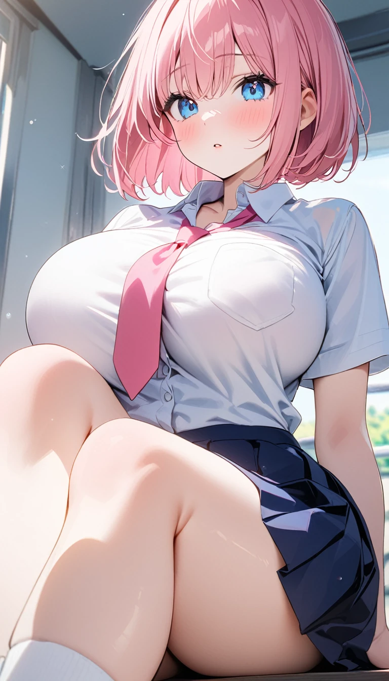 (1 girl),(Best Picture Quality, 8K, Masterpiece:1.3), (high school student:1.5), (pink lob hair), (bob cut), (slant skyblue eyes), ((school uniform, white short simple sleeve shirt, darkblue skirt, pink tie)), (super clear:1.5), (glistening skin:1.1),(pale skin:1.1), (standard weight), (huge breasts).