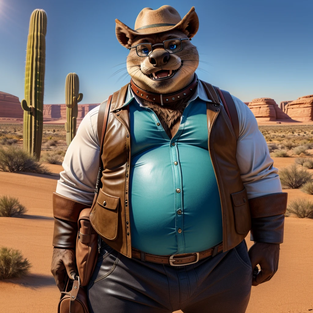 Male, fat, extremely obese, Boar, blue eyes, (posing:1.3), (soft shading), 4k, hi res, ((detailed face, detailed)), looking at viewer, smile, open mouth, desert, cactus, shirt, hat, male focus, cowboy shot, glasses, pants, bag, vest, backpack, sleeves rolled up, round eyewear, brown headwear, brown vest, whiskers, Otter is wearing a glossy leather dog collar around the neck, Otter is wearing the leather collar and shirt and vest at the same time.