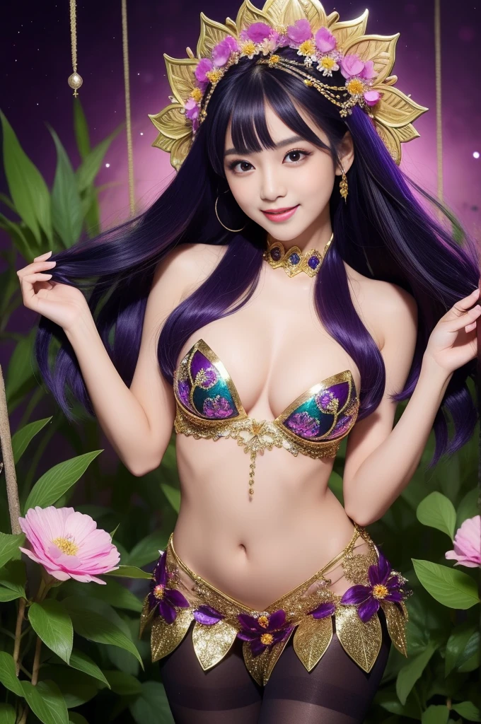sexy Thai model who controls poison、beautiful smile、lipgloss、long lashes、intense makeup、look at the camera、full body Esbian、、sparkling poisoned flower costume、、、、shiny sparkling multicolor hair、secrete poison、skull hair accessories、sexy tights、shiny sparkling dark magic forest background
