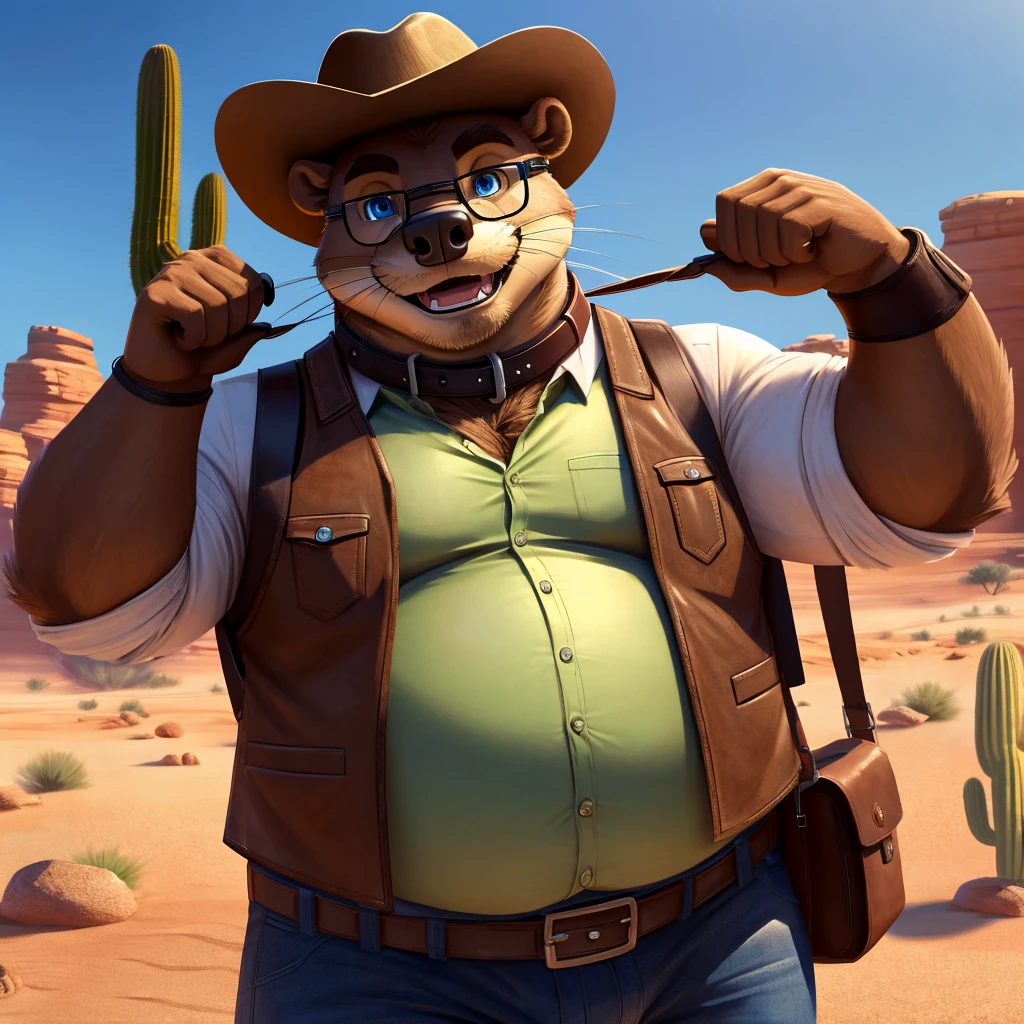 Male, fat, extremely obese, Boar, blue eyes, (posing:1.3), (soft shading), 4k, hi res, ((detailed face, detailed)), looking at viewer, smile, open mouth, desert, cactus, shirt, hat, male focus, cowboy shot, glasses, pants, bag, vest, backpack, sleeves rolled up, round eyewear, brown headwear, brown vest, whiskers, Otter is wearing a glossy leather dog collar around the neck, Otter is wearing the leather collar and shirt and vest at the same time.