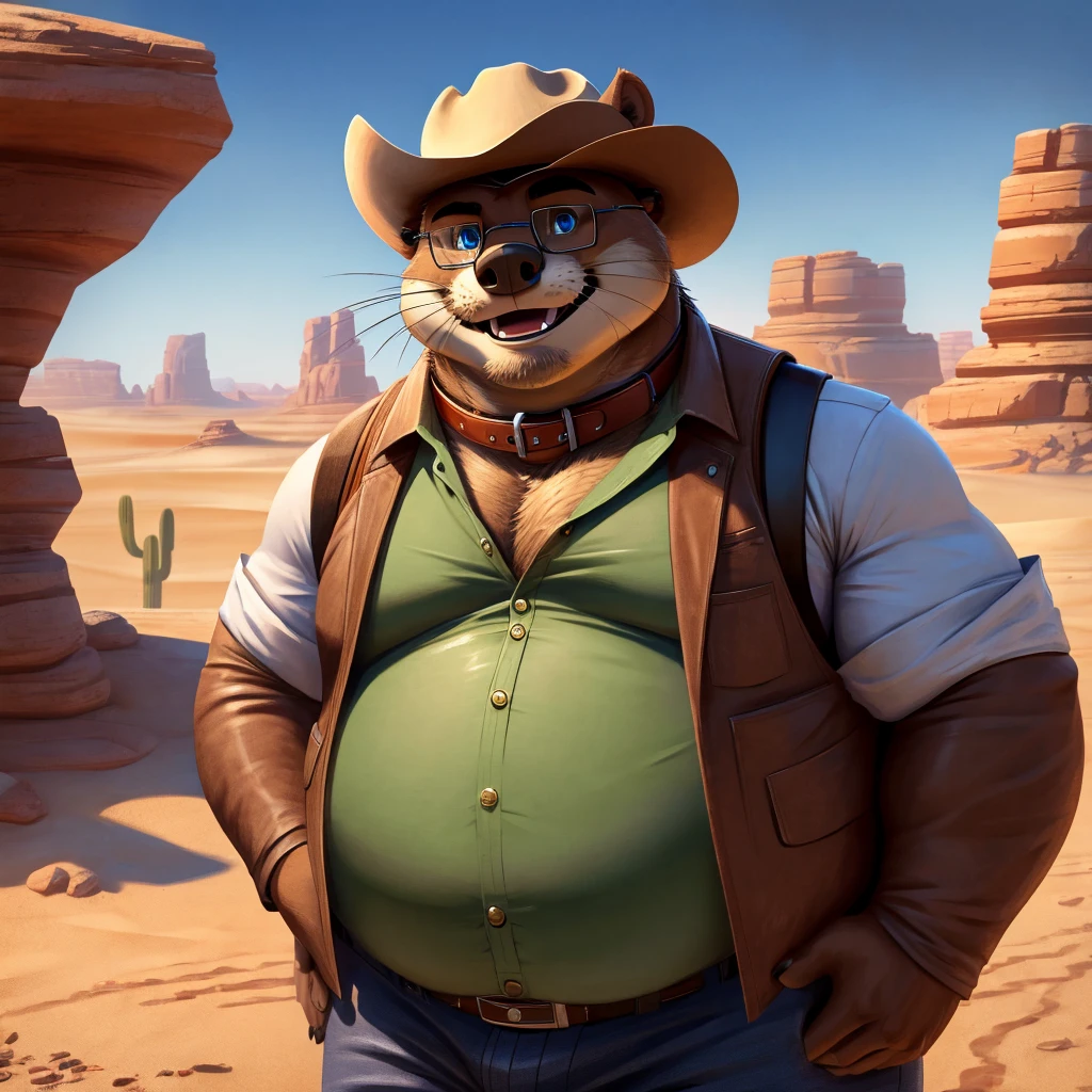 Male, fat, extremely obese, Boar, blue eyes, (posing:1.3), (soft shading), 4k, hi res, ((detailed face, detailed)), looking at viewer, smile, open mouth, desert, cactus, shirt, hat, male focus, cowboy shot, glasses, pants, bag, vest, backpack, sleeves rolled up, round eyewear, brown headwear, brown vest, whiskers, Otter is wearing a glossy leather dog collar around the neck, Otter is wearing the leather collar and shirt and vest at the same time.