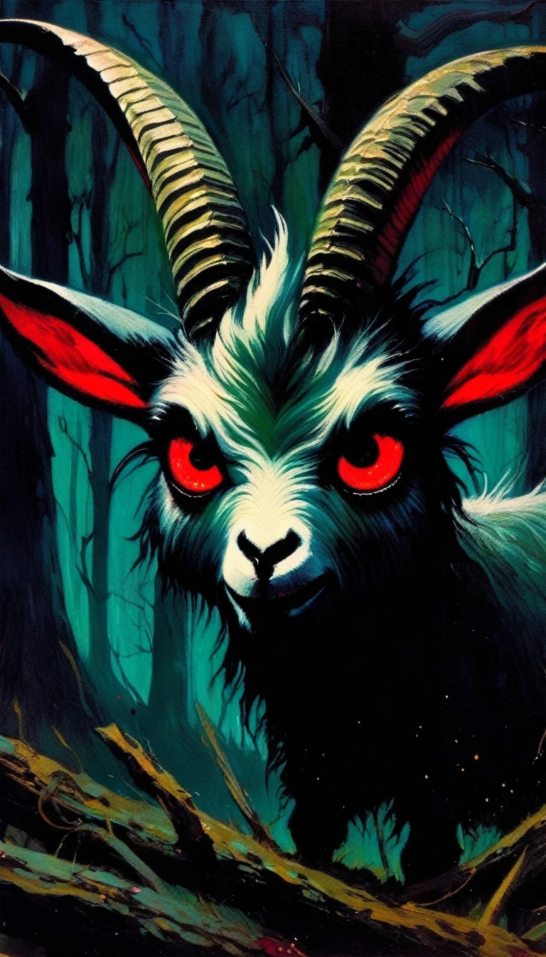 1satanic angry goat in the night, red eyes, sinister forest, horror,(art inspired in Skottie Young and Bill Sienkiewicz). oil painting)