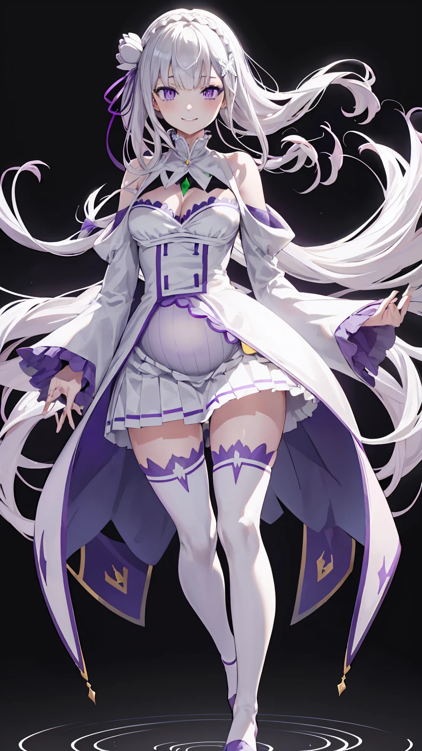 Lezero Emilia, emilia, braid, Crown braid, flower, Hair Flower, hair ornament, Hair Ribbon, Long hair, pointy ear, (Purple eyes:1.2), White hair, x hair ornament,
Break Detach Color, Detached sleeves, frilly sleeves, frilld, Long sleeves, Miniskirt, Pleated skirt, bow ribbon, Skirt, thighs thighs thighs thighs, White skirt, White sleeves, white thighhig, Wide sleeves, zettai ryouiki,
BREAK (masutepiece:1.2), Best Quality, High resolution, Unity 8k Wallpaper, (Illustration:0.8), (Beautiful detailed eyes:1.6), extra detailed face, Perfect Lighting, extremely details CG, (Perfect hands, Perfect Anatomy),is standing、Evil Fall, 1girl in, solo, pubic tattoo,Lipakeup、lip stick、eye line / Mascara Eyeshadow Evil Fall、Bad Woman、bad looking、Empty eyes、Psychopaths、Eyes pink、Grinning、Smile, lightsmile,Knives、low angles、leggy、Long leguchimuchi、Transparent pupils、, ((Positive pregnancy test))fullbody image、high-heels、High heels