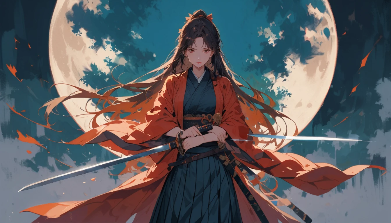 swordsman,One girl,Brown Hair,full moon,holding arms,kimono,knife,Long Hair,moon,skirt,null,alone,sun,sword,arms,holding sword with both hands,sword focus
