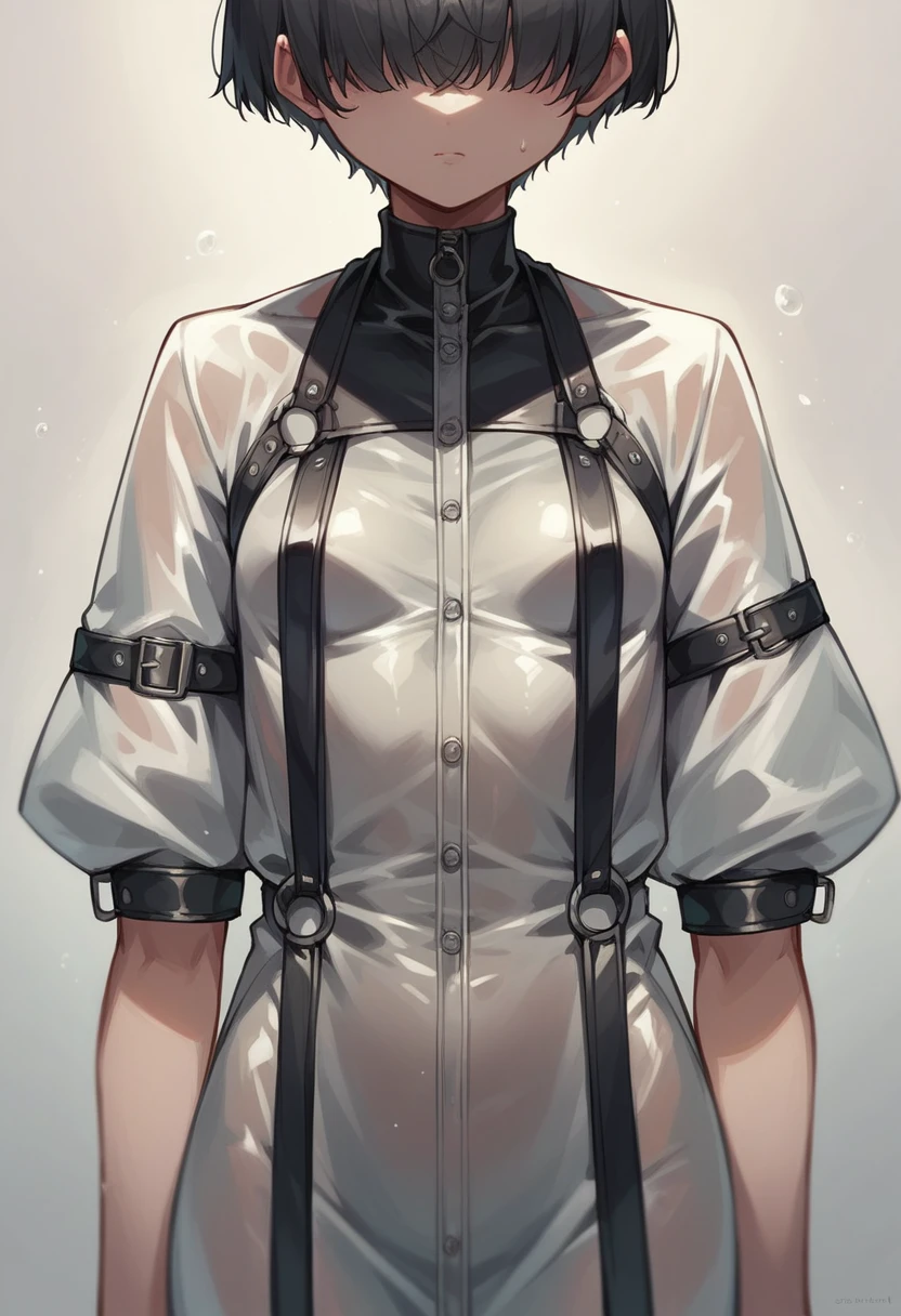 Very thin, very tall girl, 1 girl, (((front view))), in the frame from the waist, black very short hair, small breasts, in a long black leather raincoat,