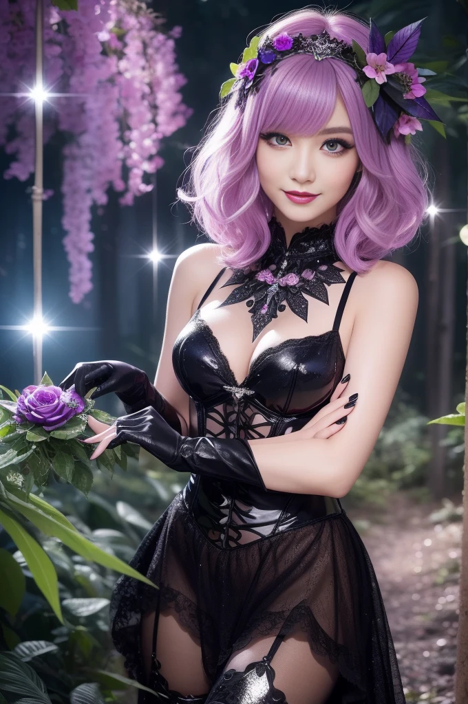 sexy Swedish model who controls poison、beautiful smile、lipgloss、long lashes、eyeliner、gothic makeup、defined eyebrows、look at the camera、full body Esbian、、sparkling poisoned enchanted flower costume、、、、shiny sparkling colorful short hair、secrete poison、skull hair accessories、detailed tights、shiny sparkling dark magic forest background