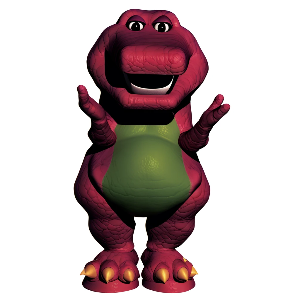 (source_furry, source_cartoon, score_9, score_8_up, score_7_up:1), solo male, barney the dinosaur, standing, looking at viewer, open mouth, simple background, white background, 3d