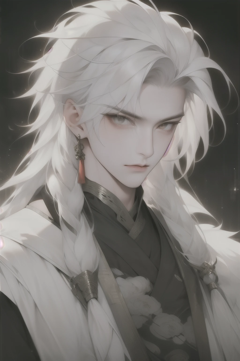 Close-up of a man with white hair and white feathers，A white-haired god，Gurwitz-style artwork，white hair like clouds，Beautiful character painting，Black bib，White eyes，Glittering clothes，Chinese style