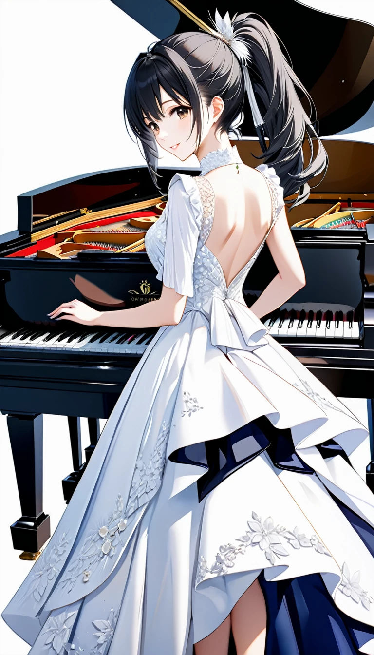 (((White background:1.5)))、(very wide shot)、(masterpiece、Ultra HD、Highest quality、Masterpiece、4K:1.2)、Slender body、The elegant pianist、 Intricate details, Highly detailed fingers、Black hair ponytail、White elegant dress, Intricate details、smile、happiness、whole body、Are standing、(((look back:1.5)))