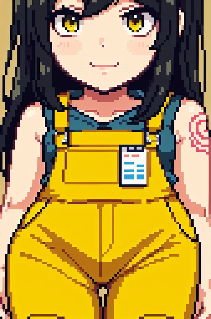 masterpiece, best quality, 1girl, ((young girl)), shiny skin, (thin waist), ((curvy)), ((wide hips)), ((small size)), hot, soft natural lighting, reflections, bright illuminations, full body, (((sexy yellow overalls))), (((tatoo on thigh))) navel, big long black hair, tomoko, sexy, slim figure, Detailed green eyes, Detailed face, Detailed eyes, tomoko kuroki, watamote, bare arms