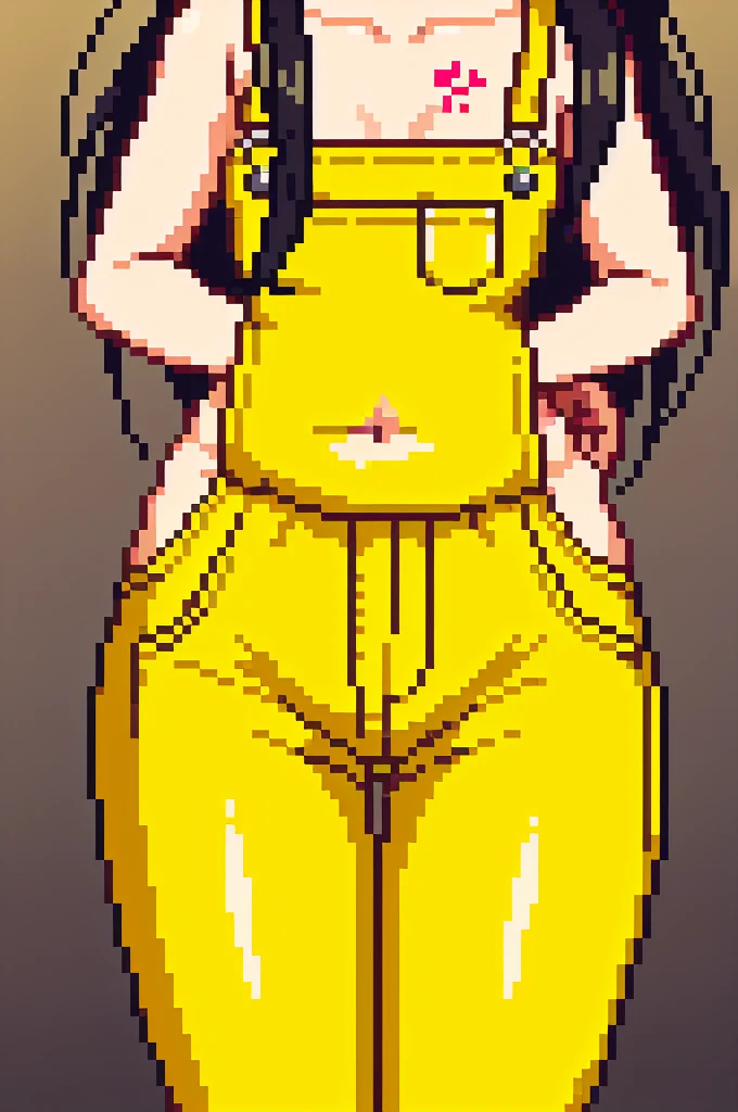 masterpiece, best quality, 1girl, ((young girl)), shiny skin, (thin waist), ((curvy)), ((wide hips)), ((small size)), hot, soft natural lighting, reflections, bright illuminations, full body, (((sexy yellow overalls))), (((tatoo on thigh))) navel, big long black hair, tomoko, sexy, slim figure, Detailed green eyes, Detailed face, Detailed eyes, tomoko kuroki, watamote, bare arms