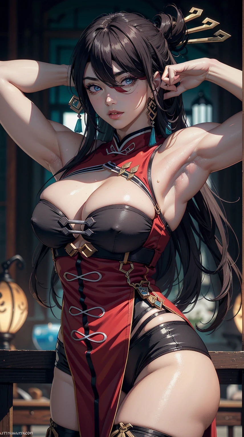 ((Masterpiece)),(Best Quality),((ultra-detailed)), (beautiful detailed face), depth of field,detailed,((beautiful detailed eyes)), gigantic chest, (armpit pose:1.5), beidoudef, cowboy shot, whole body