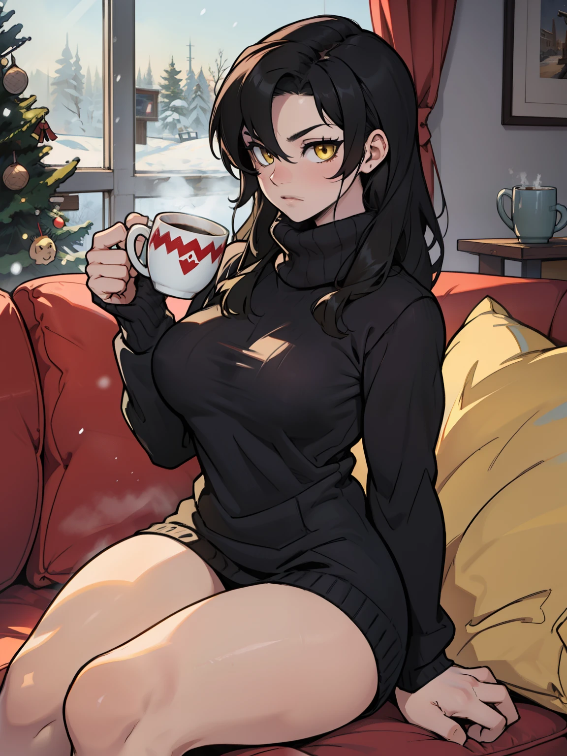 girl muscular girl breasts breasts breasts pale skin black hair yellow eyes baggy sweater sitting on couch with a mug winter clothes snow outside