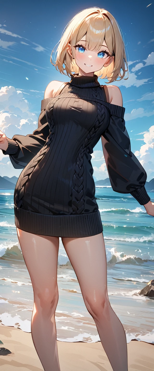 (((One girl))), ((beach)), noon, blond hair, bob cut, breasts, from front, (cowboy shot), standard body, (looking at viewer), ((black sweater)), ((off-shoulder knit sweater dress, Quite thick shoulder straps)), {Balloon sleeve}, teenager, head tilt:1.3, (((blue eye))), ((happy smile)), anime style, (best quality, 4k, 8k, highres, masterpiece:1.2, ultra-detailed, ultra-detailed eyes, HDR, UHD, studio lighting, ultra-fine painting, sharp focus, physically-based rendering, extreme detail description, professional, vivid colors, bokeh), ((Highest quality, Best image quality, Ultra-high resolution, Ultra-high resolution, solo, Strong eye highlights)), Depth of written boundary, Natural soft light, attractive, Beautiful Face, Cleanliness, Pure Face, nedium chest, Beautiful Face, Perfect Fingers, Perfect hands, Perfect body, Perfect Face, Shine a light into your eyes, Perfect Anatomy