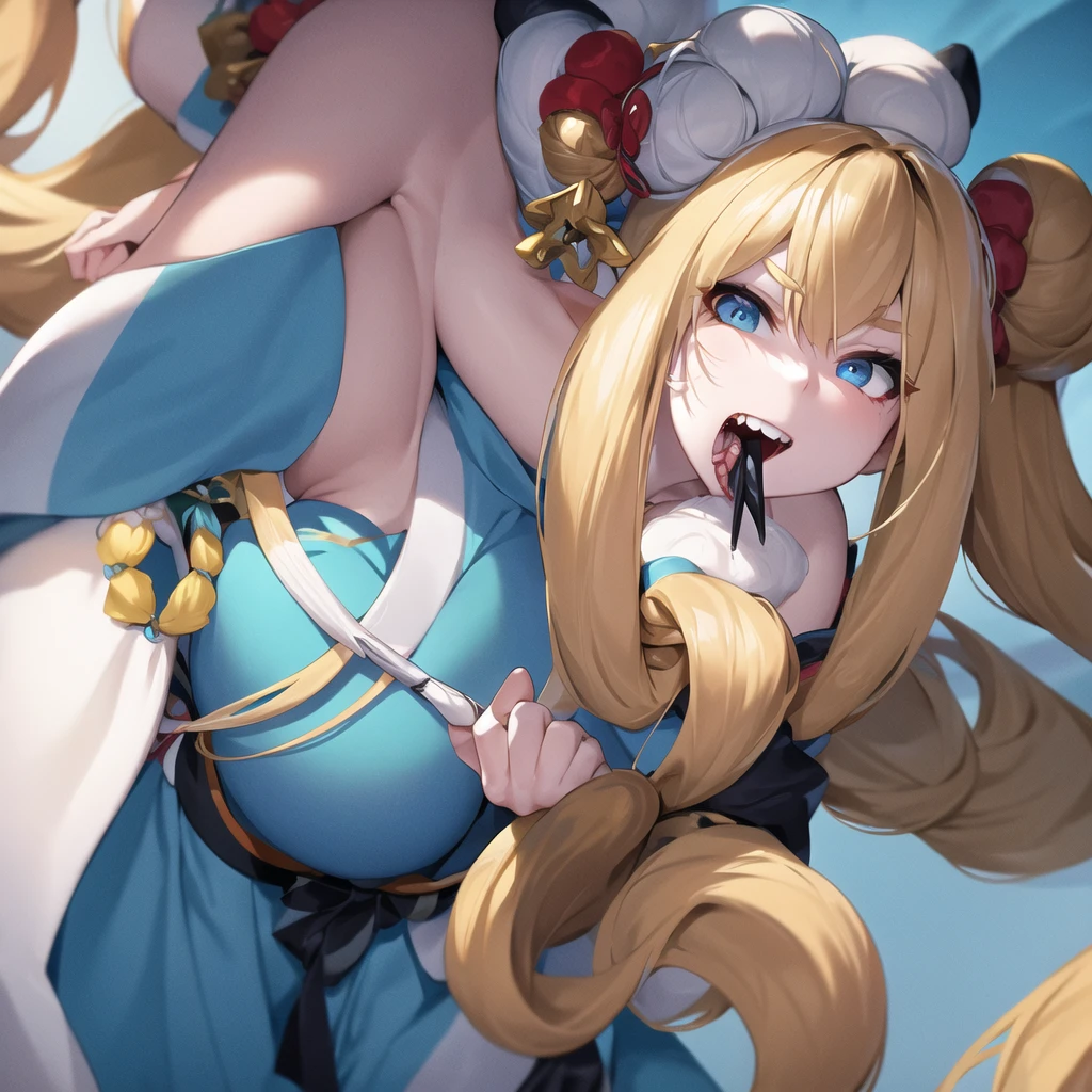 beautfull woman, very white skin, long hair with bun, whitish blonde hair, blue colored eyes, tthin eyebrows, delicate mouth, toothpick in mouth, large canine teeth, wearing kimono, mostrando os peitos